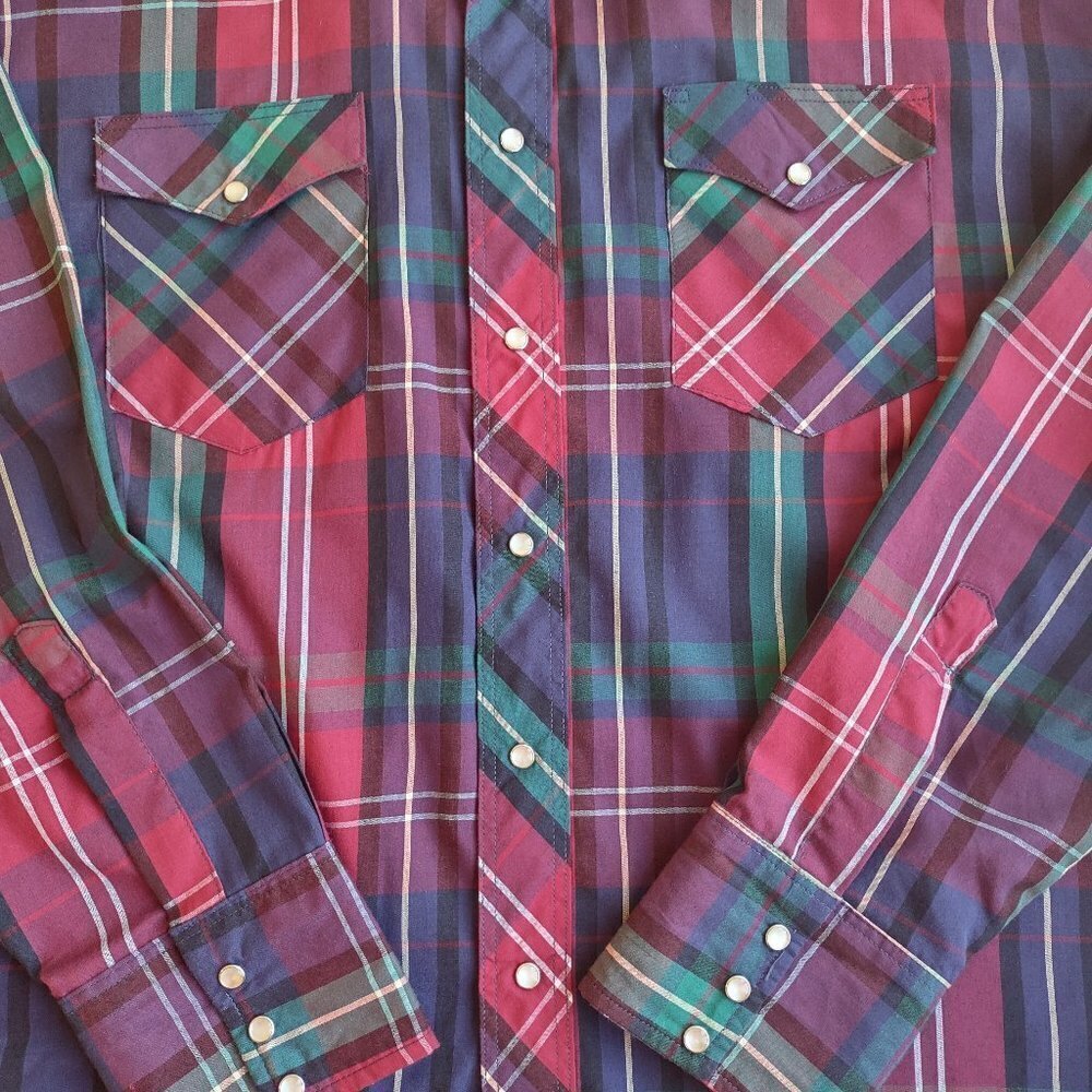 Vintage Wrangler Western Plaid Men's Shirt Pearl Snaps Size XL Tall - Picture 8 of 8